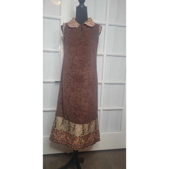 Vintage Handmade Dress Brown w/ Floral Print PeterPan Collar & Ruffled Hem SMALL - Picture 2 of 5